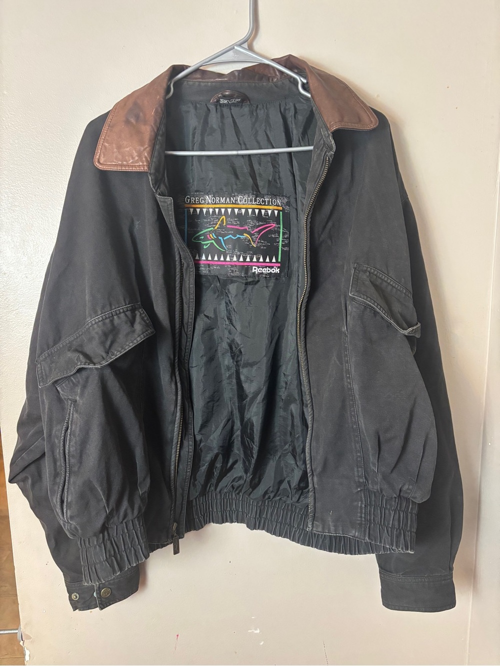 Reebok Black Bomber Jacket with Brown Leather Collar